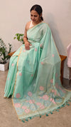 Teal green linen chanderi jamdani saree