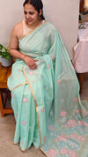Teal green linen chanderi jamdani saree