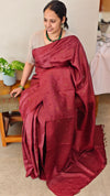 629 - Dark maroon tussar silk saree with cross stitch embroidery