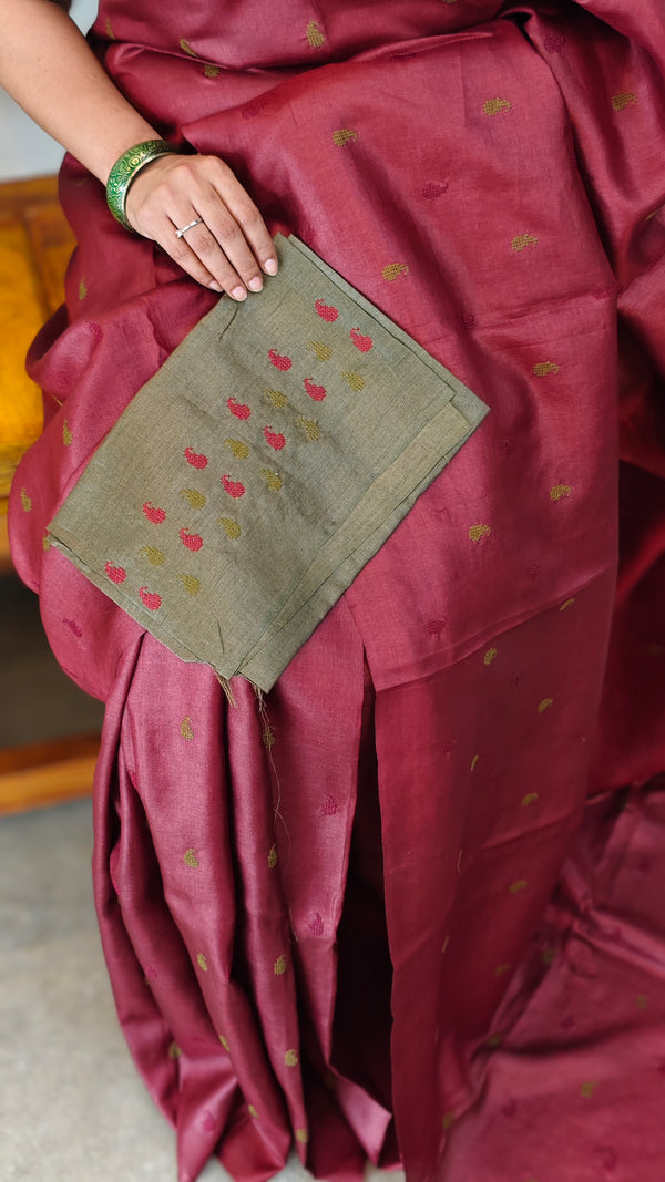 629 - Dark maroon tussar silk saree with cross stitch embroidery