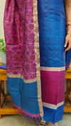 Blue and magenta printed tussar silk suit