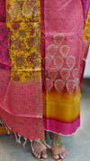 Pink and mustard printed tussar silk suit