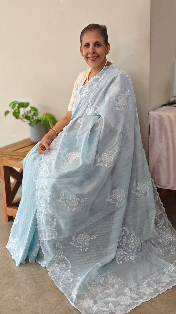 G1422 - Powder blue applique embroidered kota saree