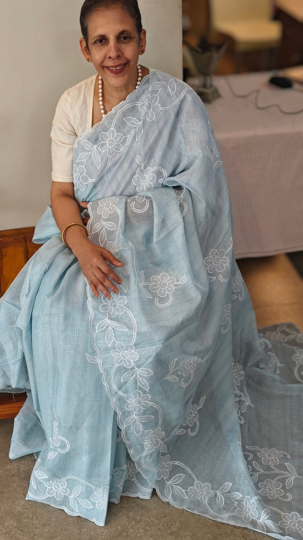 G1422 - Powder blue applique embroidered kota saree