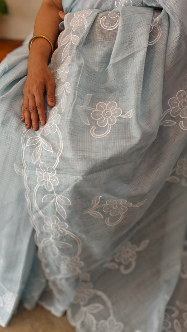 G1422 - Powder blue applique embroidered kota saree