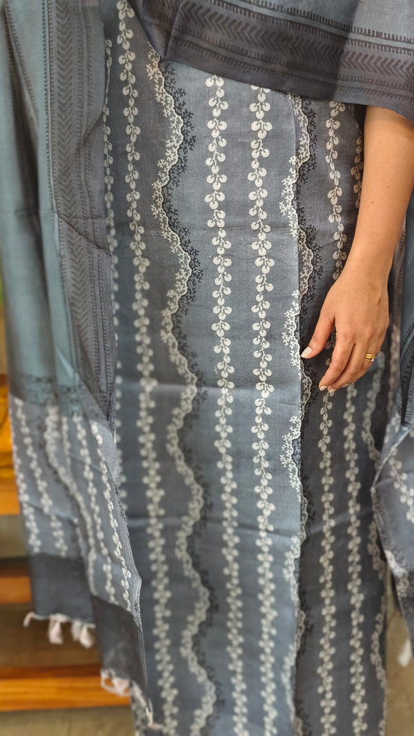 Bluish grey printed tussar silk suit