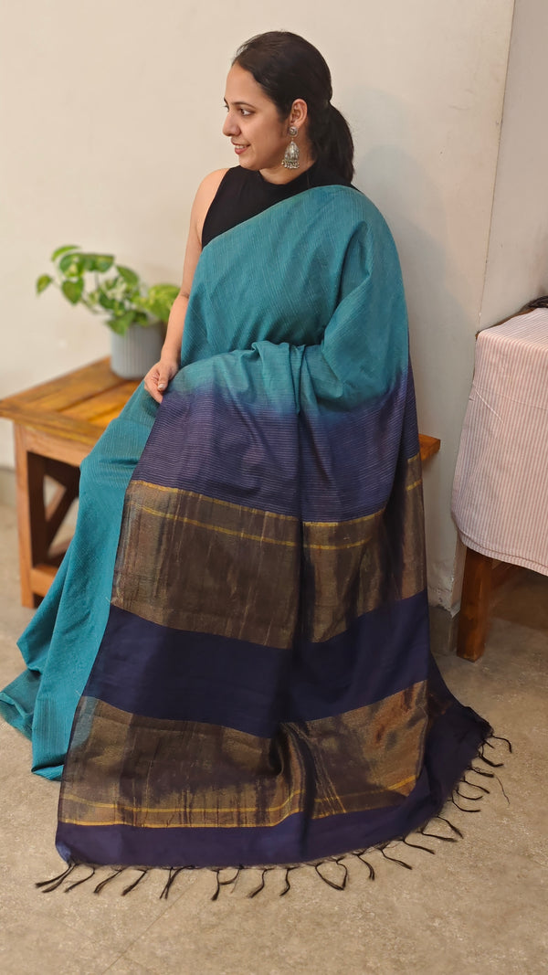 Turquoise and Navy blue Bhagalpuri silk saree