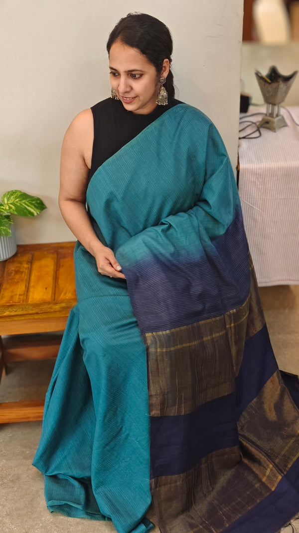 Turquoise and Navy blue Bhagalpuri silk saree