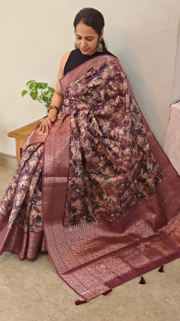 Wine shade floral printed banarasi saree
