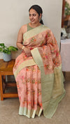 Peach and green printed banarasi saree