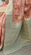 Peach and green printed banarasi saree