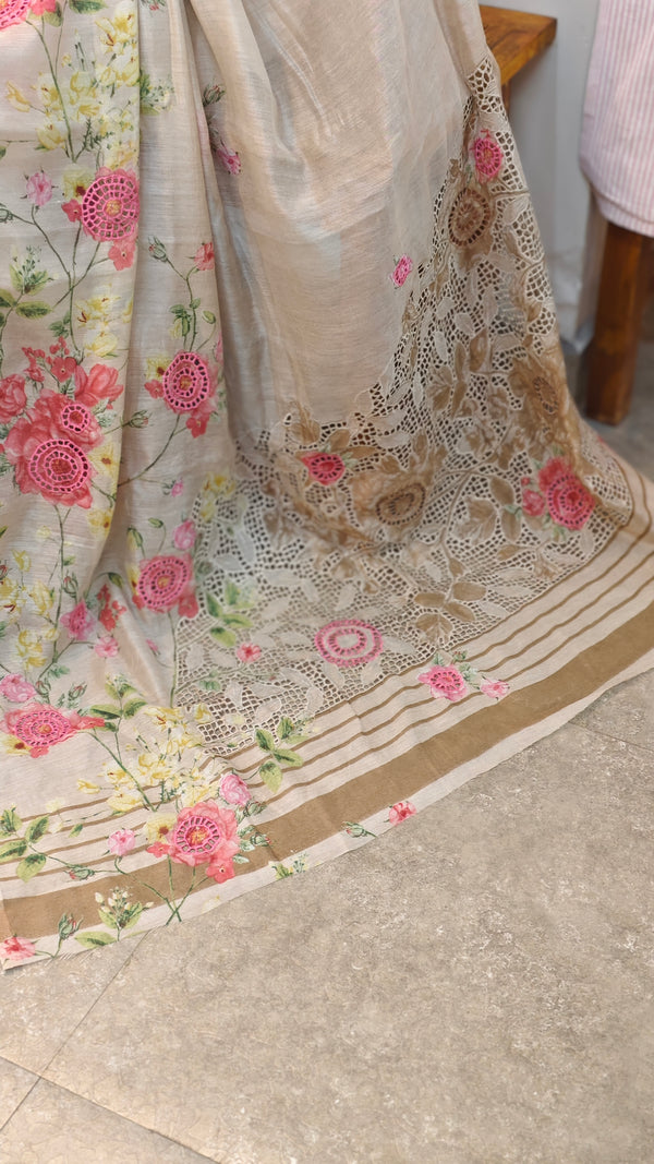 Sandy brown linen chanderi cutwork saree