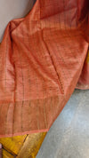 5799 - Peach and mustard checked tussar silk saree