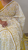 Yellow block printed saree with chikankari palla