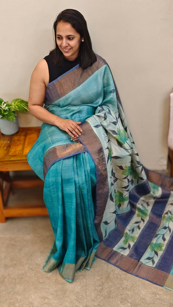 Aqua green tussar silk saree