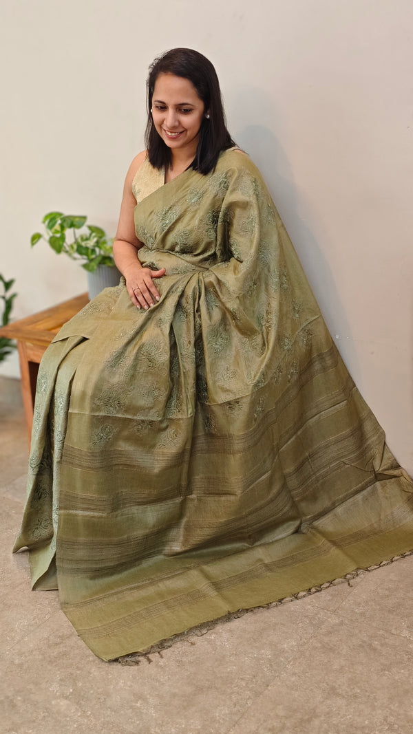 Olive green moonga tussar embroidered saree