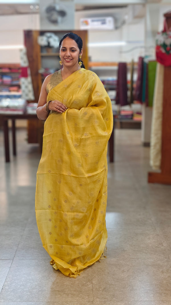 Yellow checked tussar embroidered saree