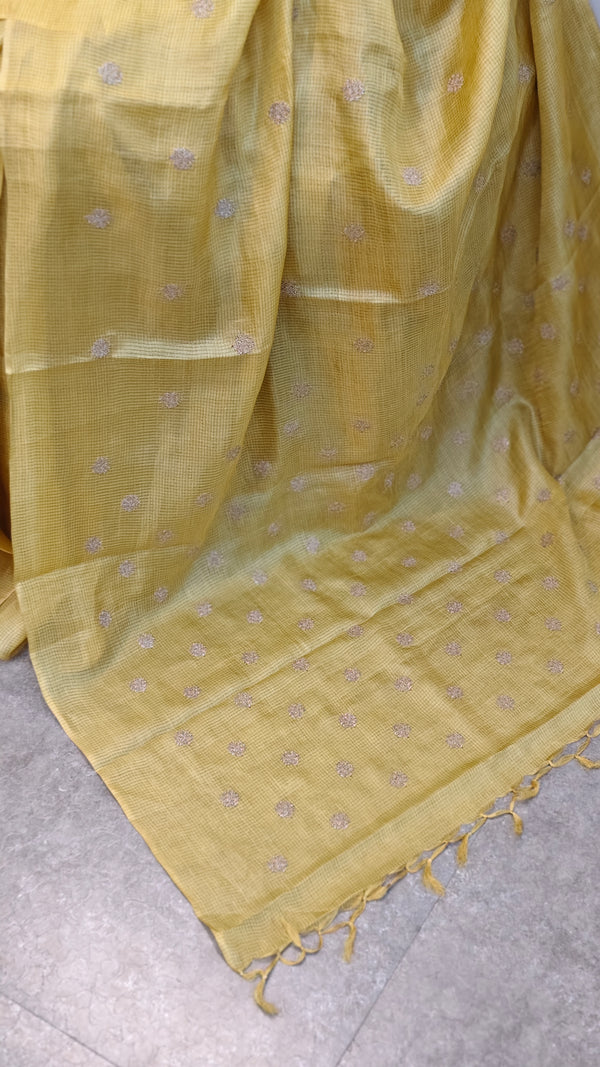 Yellow checked tussar embroidered saree