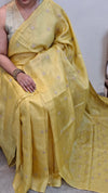 Yellow checked tussar embroidered saree