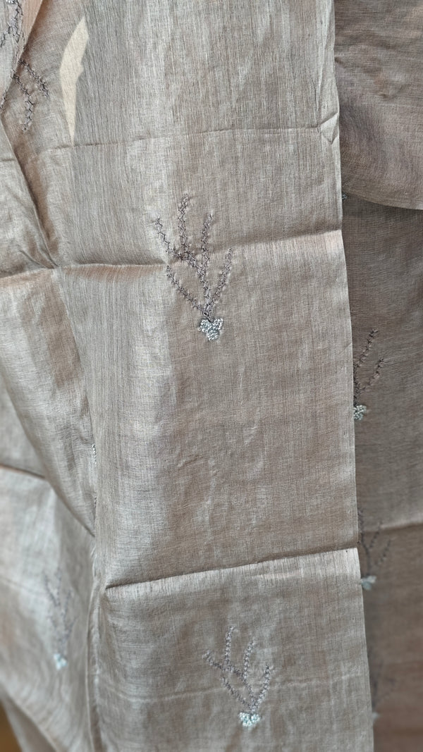 Grey hand embroidered tussar silk suit