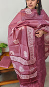 Onion pink printed tussar silk suit