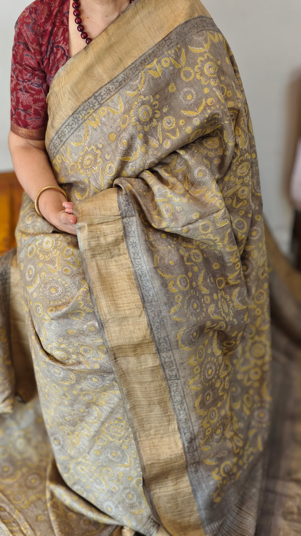 Mustard and grey ajrakh printed tussar silk saree - SB01