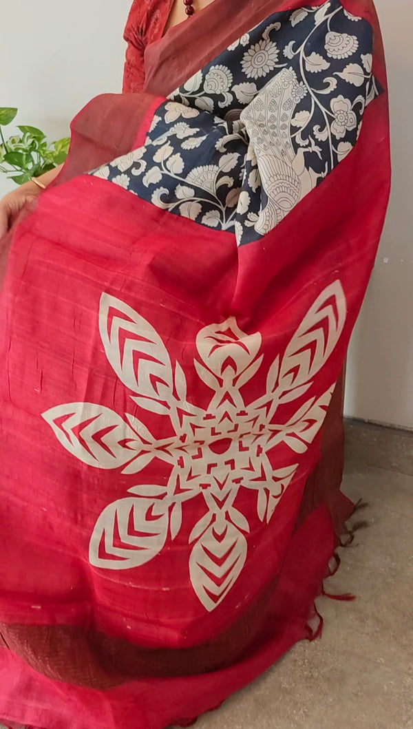 Black and Red Kalamkari printed Tussar silk saree