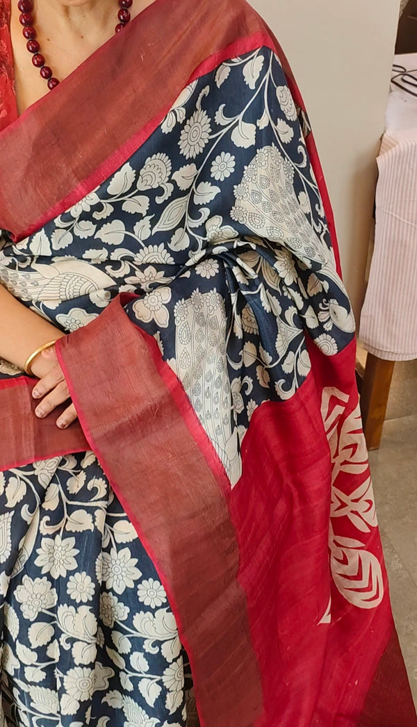 Black and Red Kalamkari printed Tussar silk saree