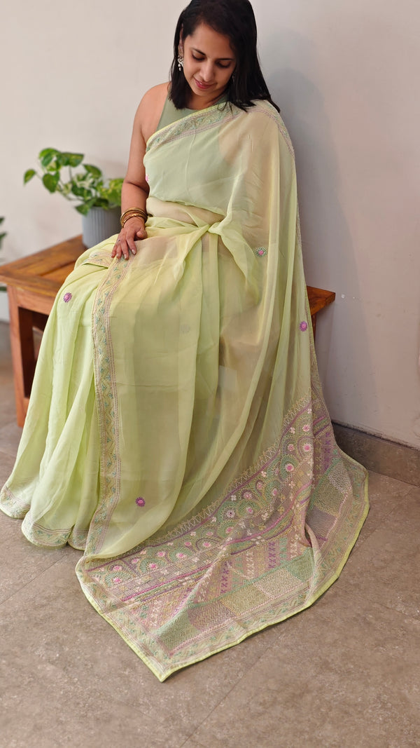 Lime green chikankari Organza saree - 1866