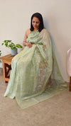 Sage green applique embroidered organza saree - ED971