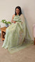Sage green applique embroidered organza saree - ED971