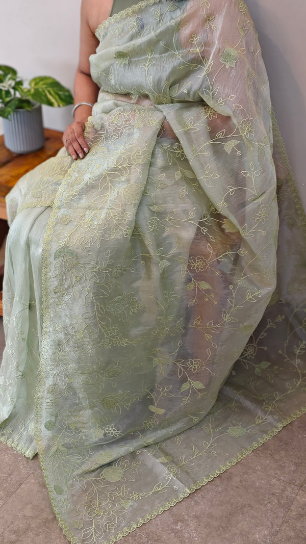 Sage green applique embroidered organza saree - ED971