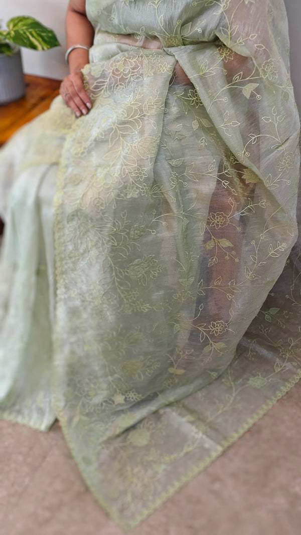 Sage green applique embroidered organza saree - ED971