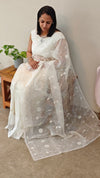Milky white applique embroidered organza saree - ED971