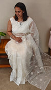 Milky white applique embroidered organza saree - ED971