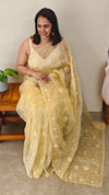 Canary yellow applique embroidered organza saree - ED971