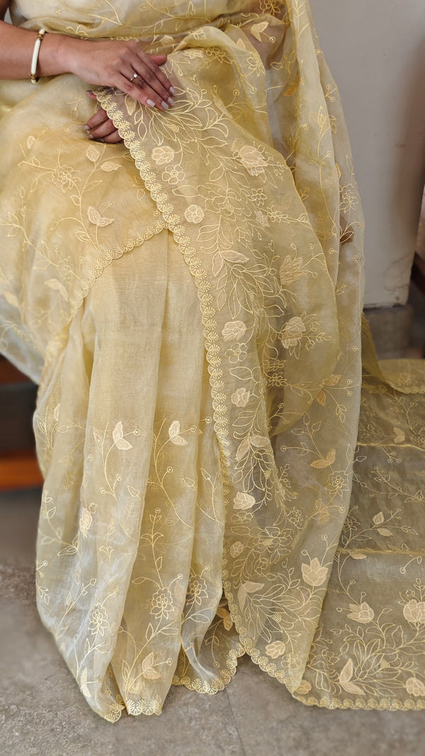 Canary yellow applique embroidered organza saree - ED971