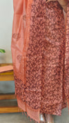 Brown and peach block printed tussar silk suit