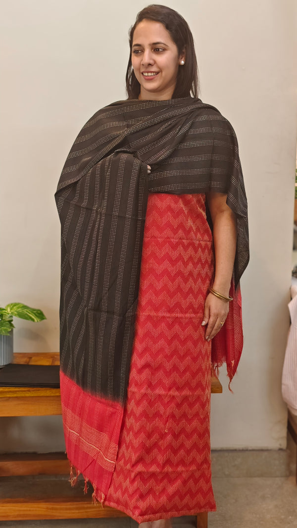 Red and black semi tussar woven suit