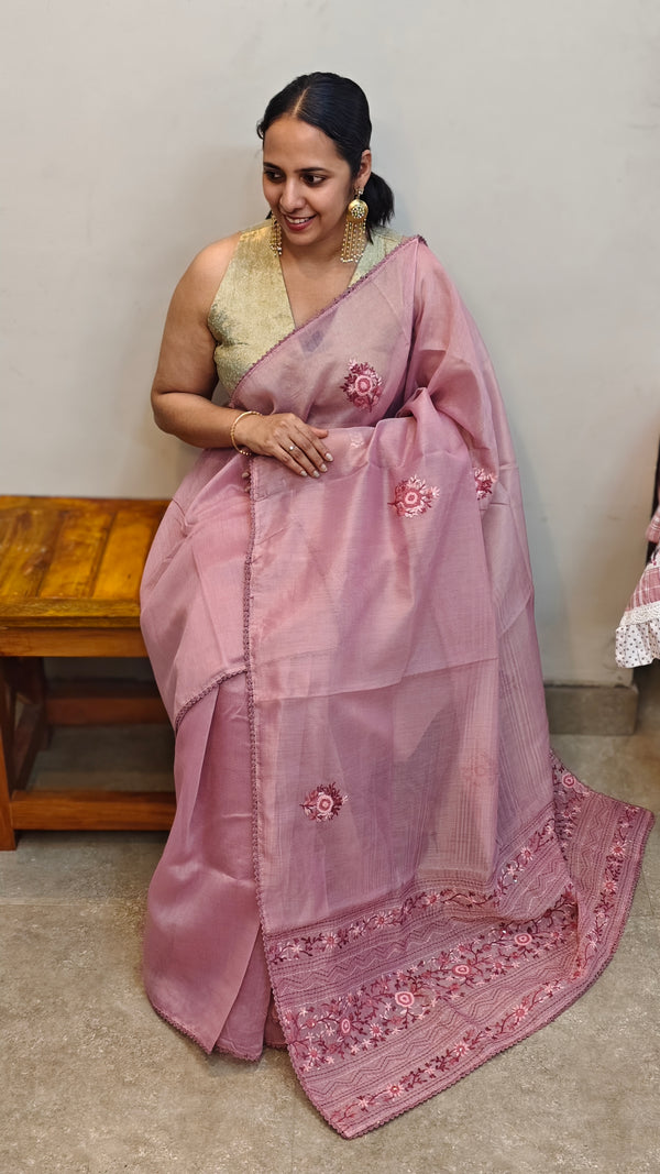 Onion Pink hand embroidered saree - 57033