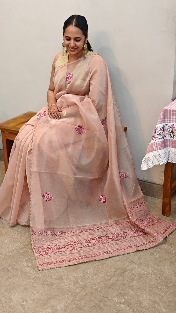 Blush peach hand embroidered saree - 57033