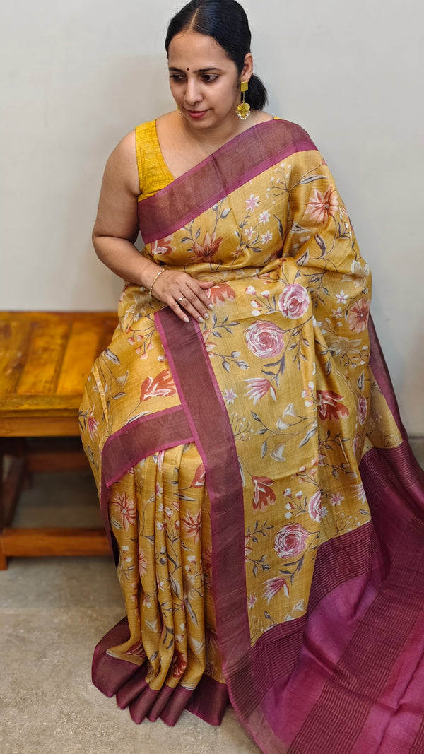 Mustard and pink floral printed tussar silk saree - 48002