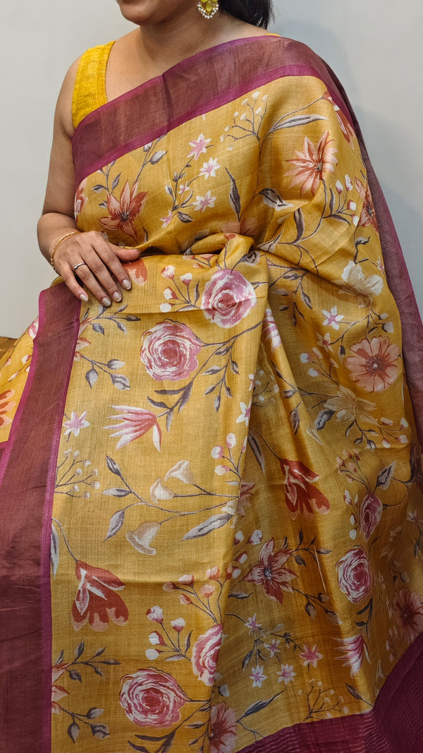 Mustard and pink floral printed tussar silk saree - 48002