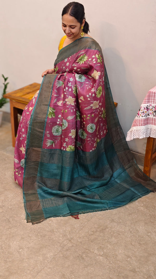 Orchid Pink and Tealfloral printed tussar silk saree - 48002