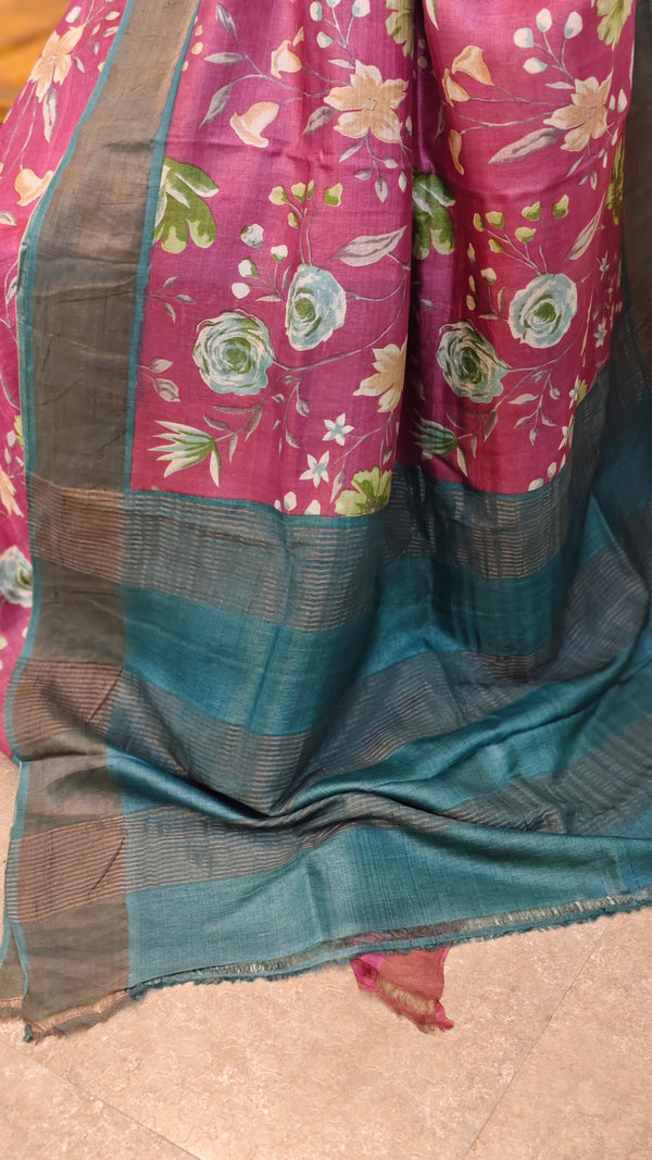 Orchid Pink and Tealfloral printed tussar silk saree - 48002