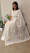 Milky white embroidered organza silk saree - FV703
