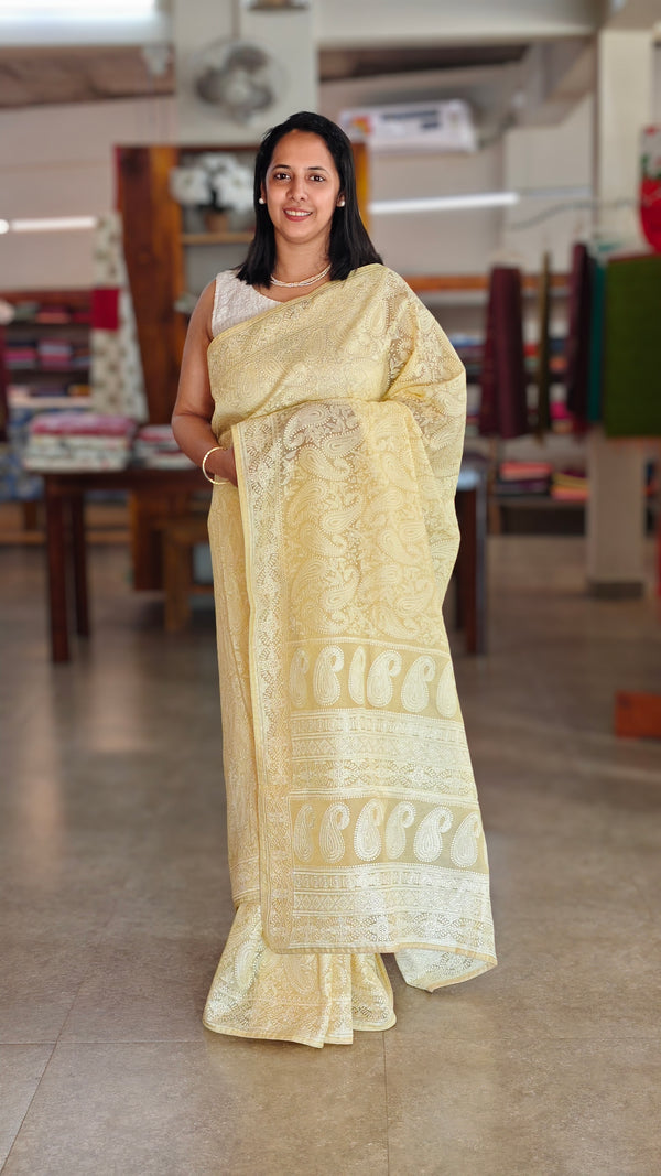 Canary yellow embroidered organza silk saree - FV703