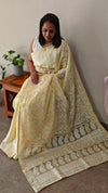 Canary yellow embroidered organza silk saree - FV703
