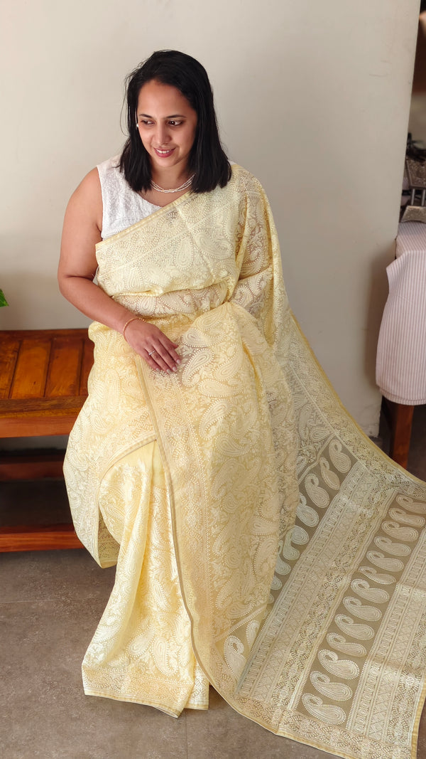 Canary yellow embroidered organza silk saree - FV703