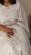 Ivory white organza silk saree with chikankari embroidery